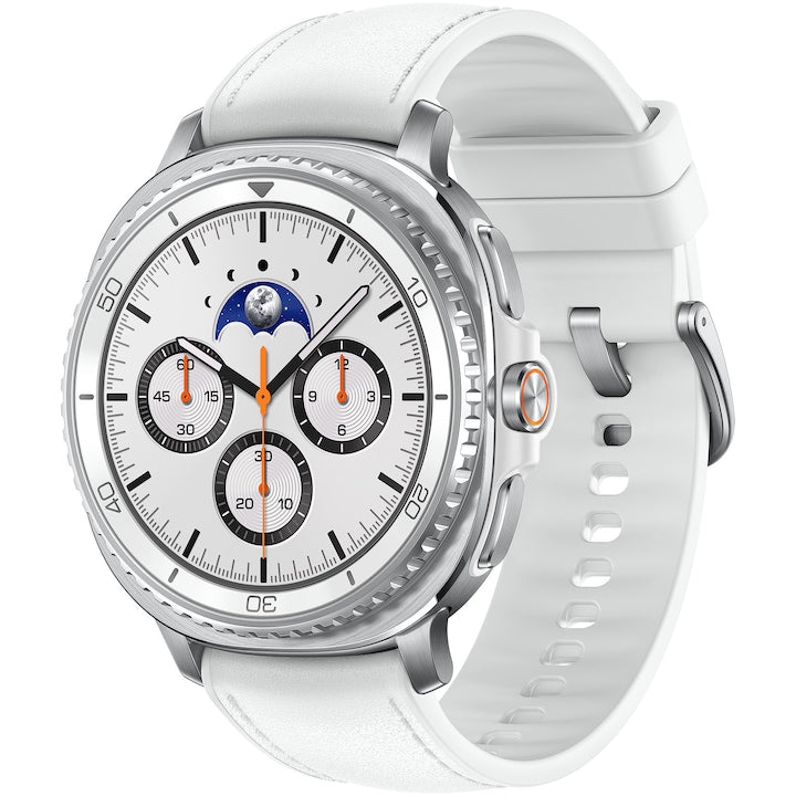 Samsung Galaxy Watch8 Classic alb cu argintiu, cu ramă rotativă și curea albă