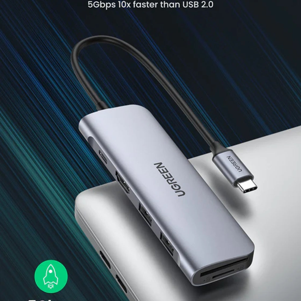 Hub/Dock Ugreen Docking Station CM195 (70411), Type-C to 2xUSB-A 3.0, HDMI 4k@30Hz, SD/TF Card Reader, Type-C PD 100W, Gri Spatial