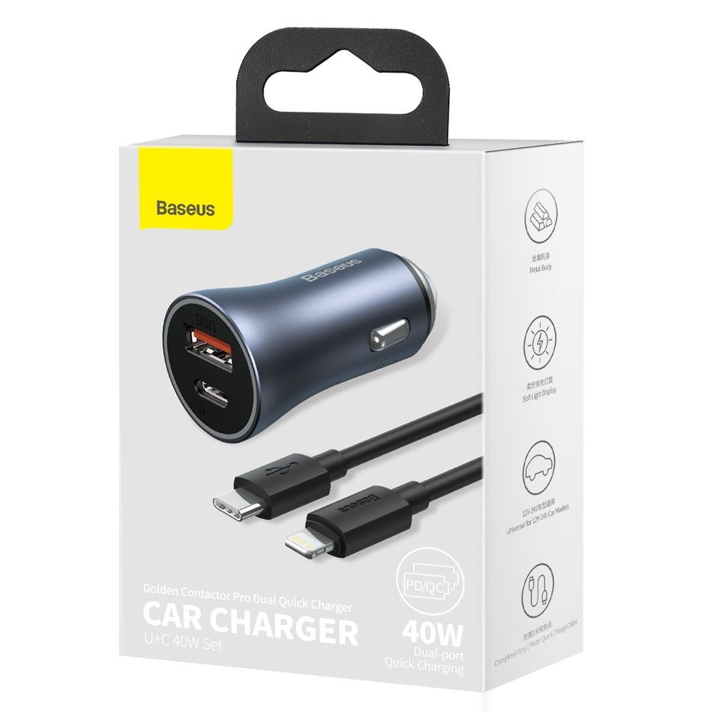 Incarcator Baseus Car Golden Pro (TZCCJD-B0G), USB-A, USB-C, 40W with Cable Type-C to Lightning, Gri Inchis