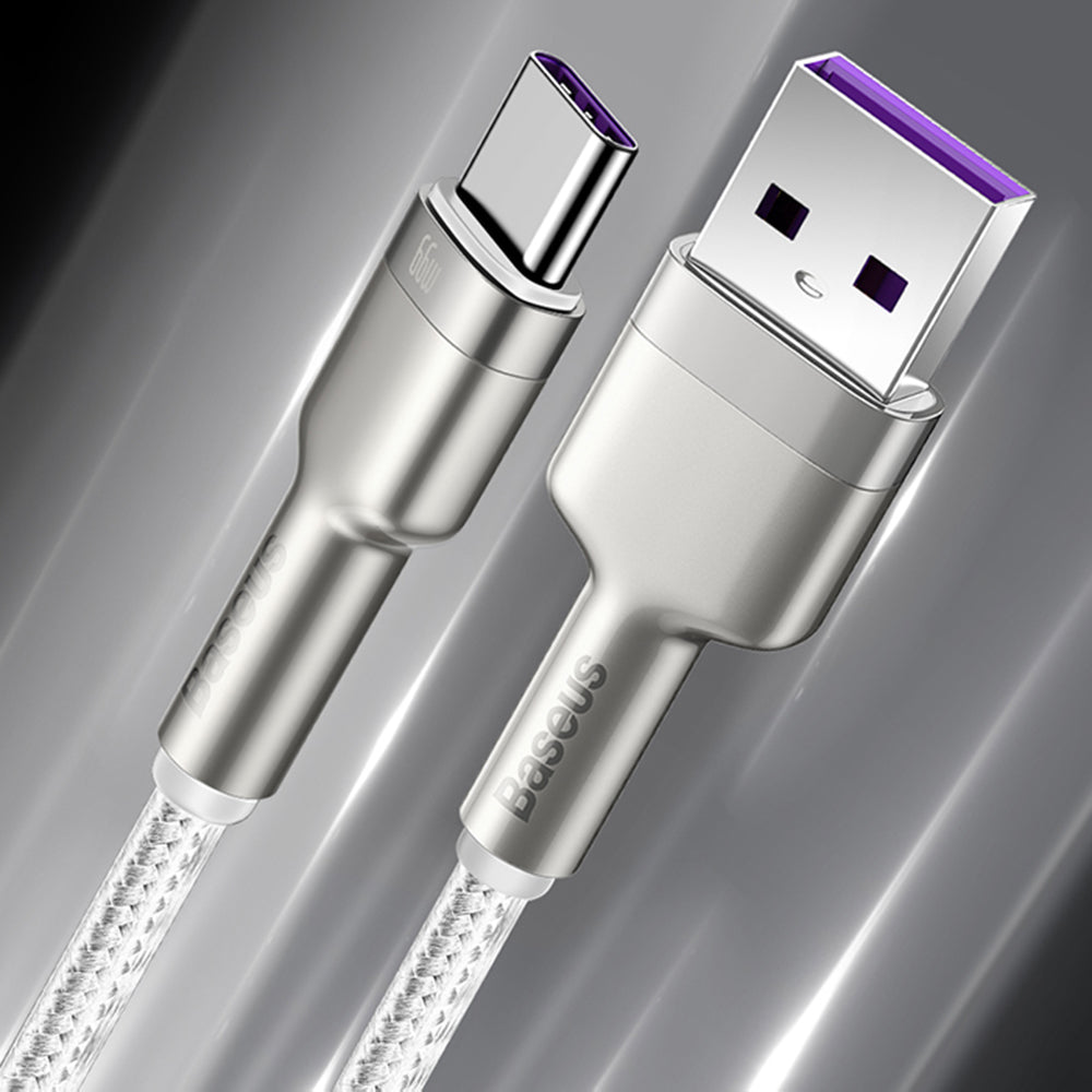 Cablu Baseus Cafule Series Metal (CAKF000102), USB to Type-C Fast Charging, 66W, 6A, 1m, Alb