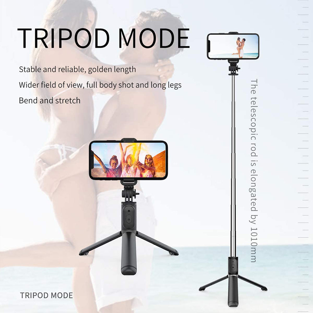 Suport Techsuit Selfie Stick (Q01), with Bluetooth Remote Control and Stable Tripod Mount, 101cm, Negru