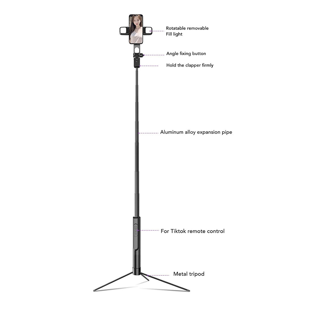 Suport Techsuit Selfie Stick (K30S), Compact Tripod Mount, Bluetooth Remote Control, Double LED Light, Foldable, 167cm, Negru