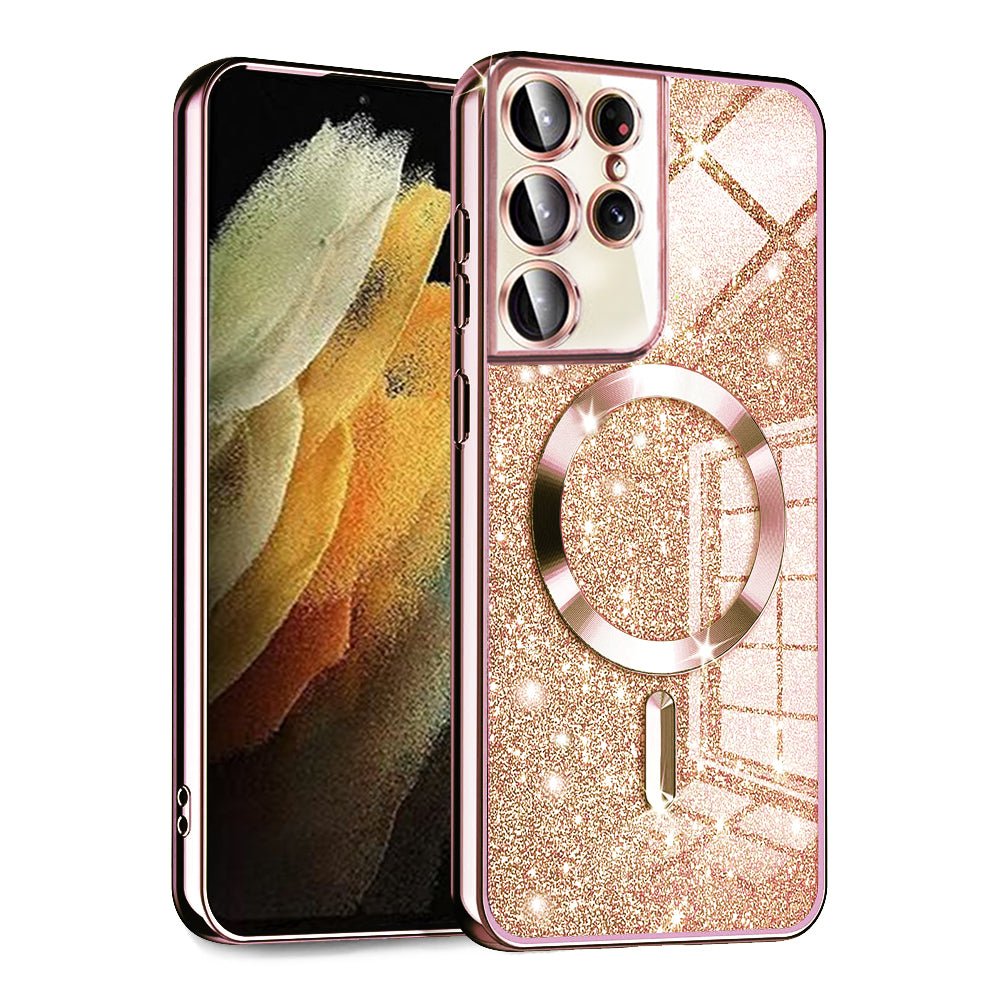 Husa de protectie Techsuit Luxury Glitter MagSafe compatibil cu Samsung Galaxy S21 Ultra 5G, Roz Auriu