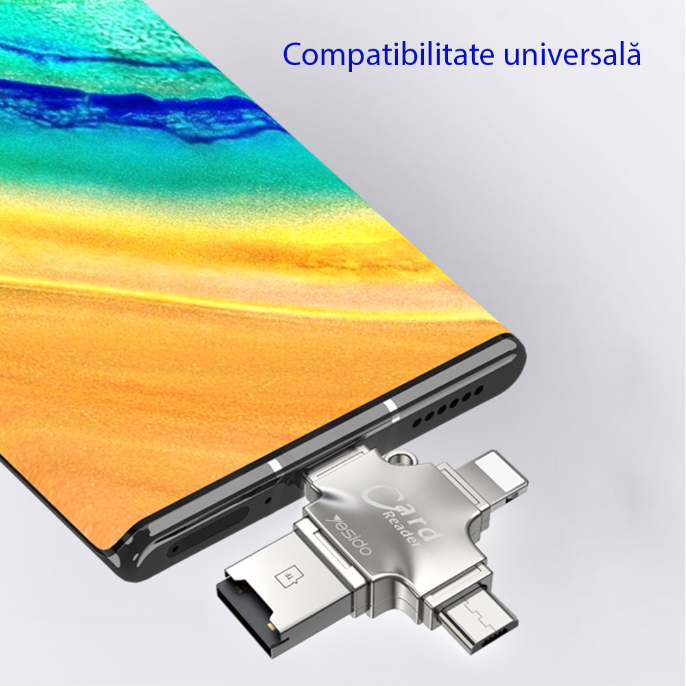 Adaptor Yesido Cititor Carduri (GS13), MicroSD USB / Type-C / Lightning / Micro-USB, Argintiu