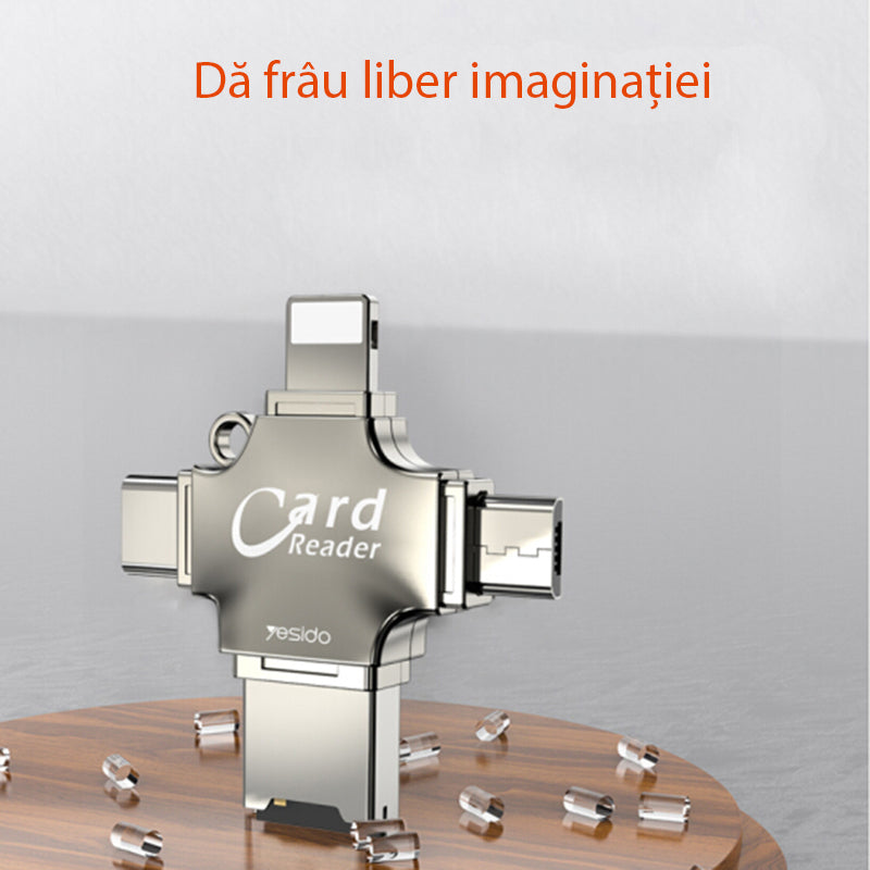 Adaptor Yesido Cititor Carduri (GS13), MicroSD USB / Type-C / Lightning / Micro-USB, Argintiu