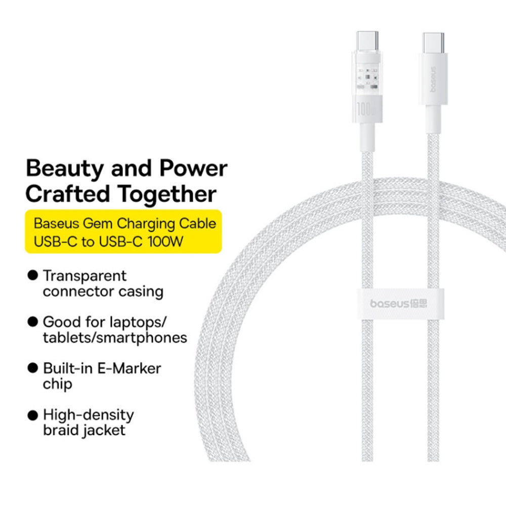 Cablu Baseus Gem (P10373000211-01), Type-C to Type-C, Super Fast Charging 100W, 2m, Moon White