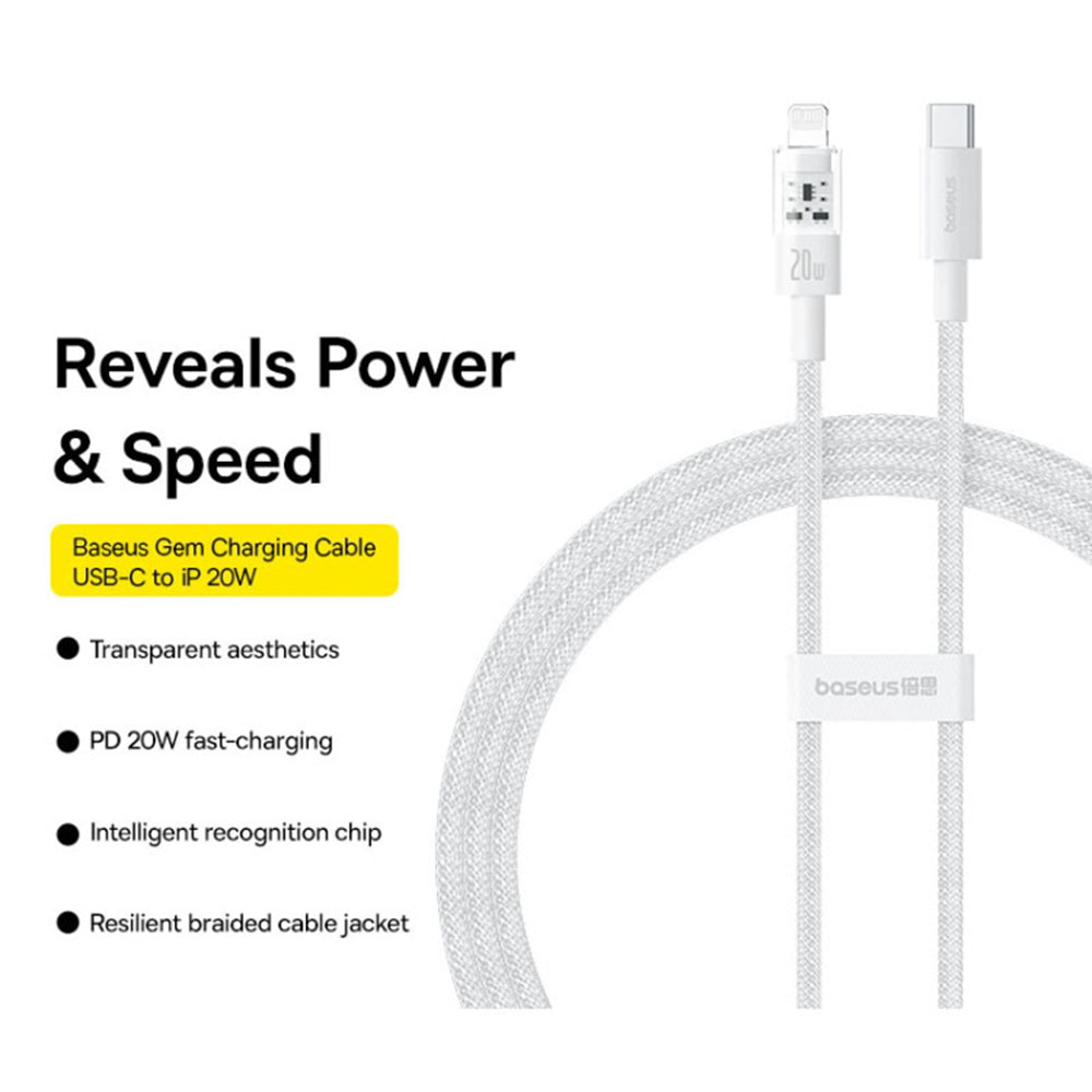 Cablu Baseus Gem (P10373001211-01), USB-C to Lightning, Fast Charging 20W, 2m, Moon White