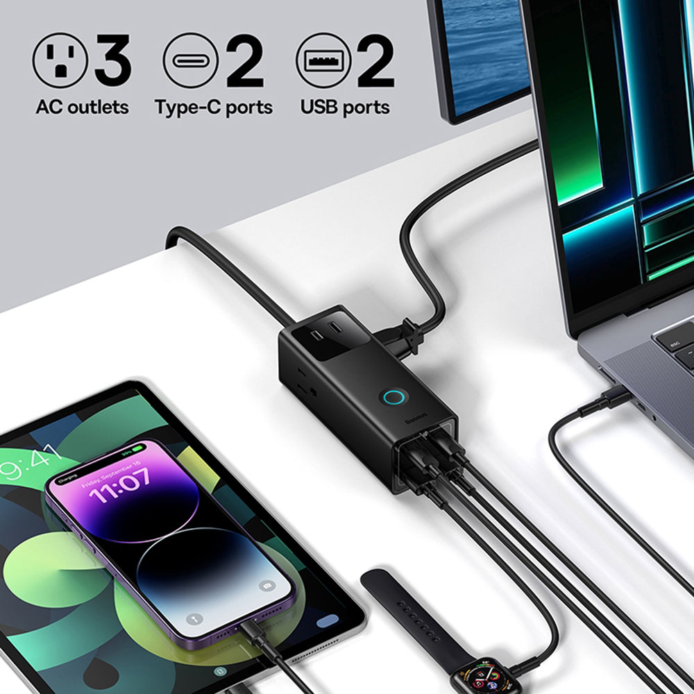 Incarcator Baseus PowerCombo Digital PowerStrip (PSLA020101), 3xAC, 2xUSB, 2xType-C, 65W with Cable Type-C 100W, Negru