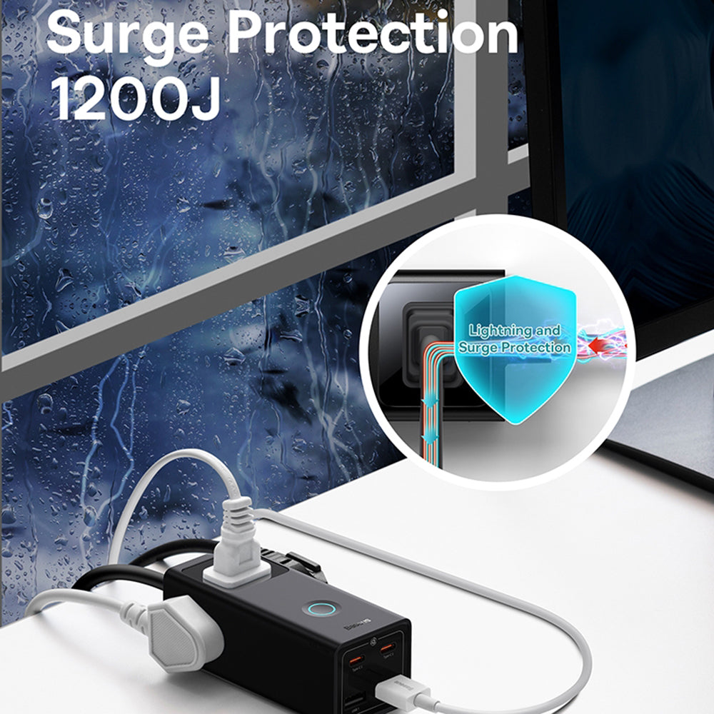 Incarcator Baseus PowerCombo Digital PowerStrip (PSLA020101), 3xAC, 2xUSB, 2xType-C, 65W with Cable Type-C 100W, Negru