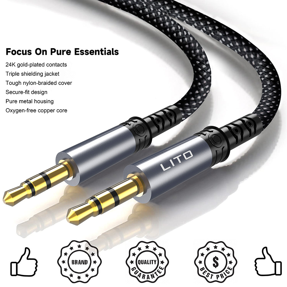 Adaptor Lito Audio Cable Adapter (LA01D), Jack to Jack 3.5mm, Hi-Fi, 24k Gold-plated Contacts, Nylon-braided, 1m, Negru