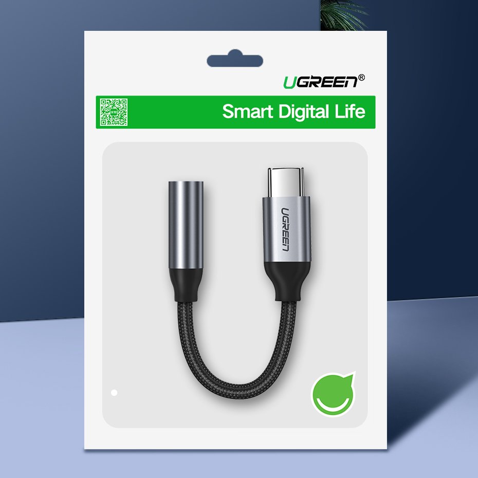 Adaptor Ugreen Audio Cable Adapter AV142 (30632), Type-C to Jack 3.5mm, 10cm, Gri