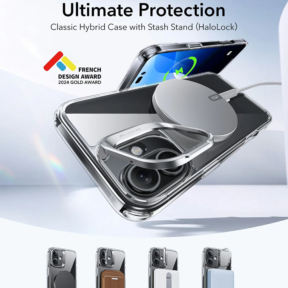 Husa de protectie ESR Classic Hybrid HaloLock Kickstand compatibil cu iPhone 16, Transparent Black