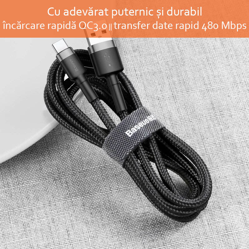 Cablu Baseus Cafule (CATKLF-C91), USB to Type-C, 2A, 2m, 480Mbps, Aluminum Alloy, Nylon, Rosu Black