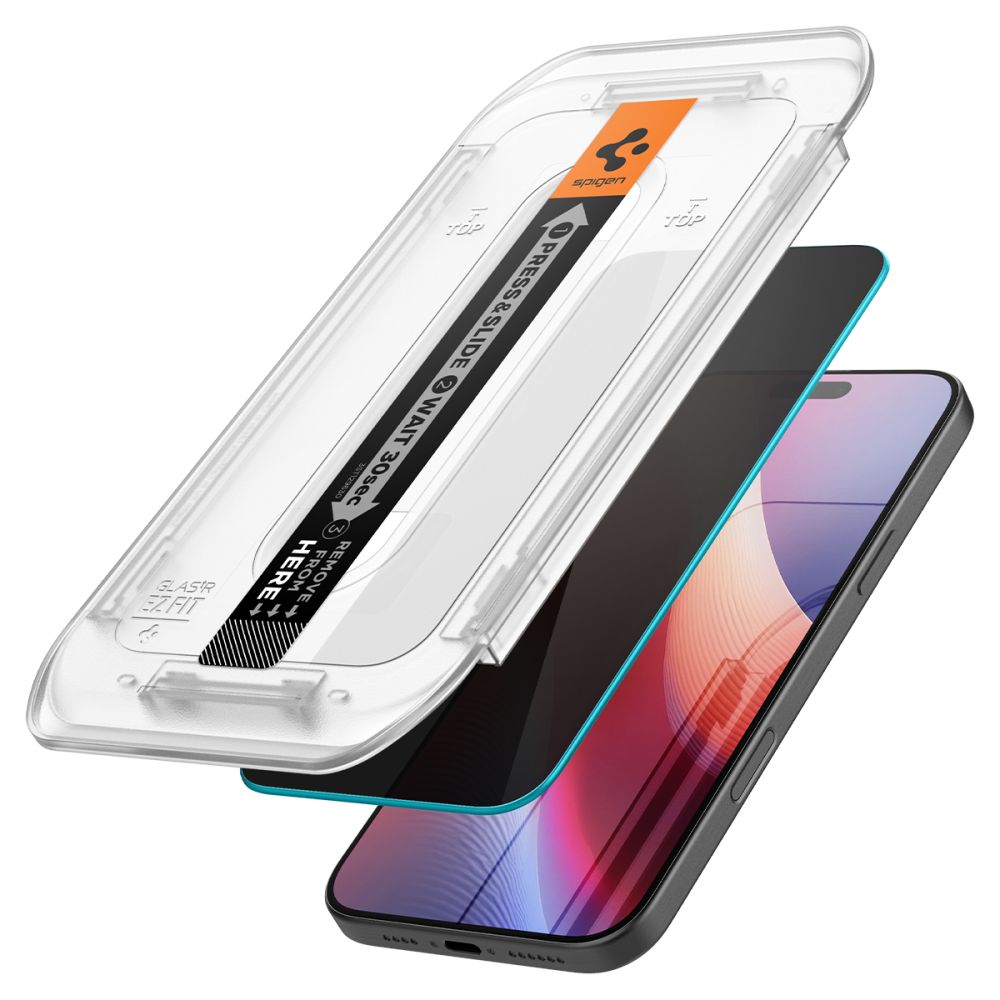 Folie de protecție Spigen Glas.tR EZ-FIT AGL07929 pentru iPhone 16 Pro, iPhone 17, iPhone 17 Pro, Privacy