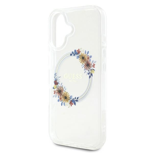 Husa de protectie Guess IML Flowers Wreath MagSafe (GUHMP16MHFWFCT) compatibil cu iPhone 16 Plus, Transparent