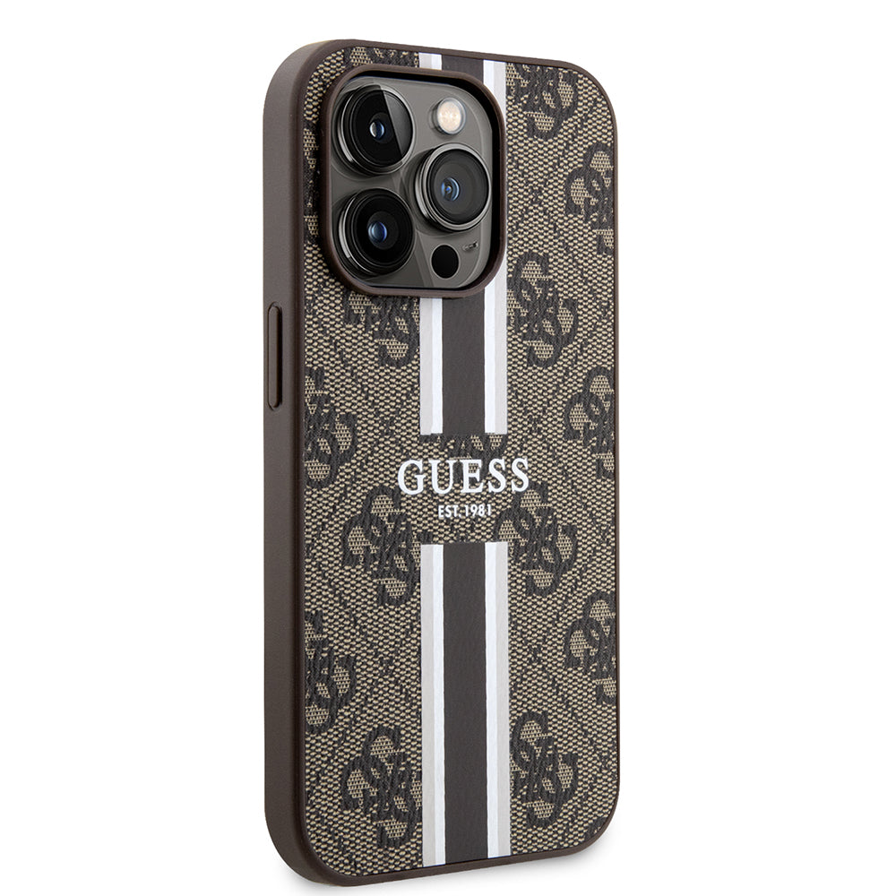 Husa de protectie Guess Hardcase 4G Printed Stripes MagSafe (GUHMP15LP4RPSW) compatibil cu iPhone 15 Pro, Maro