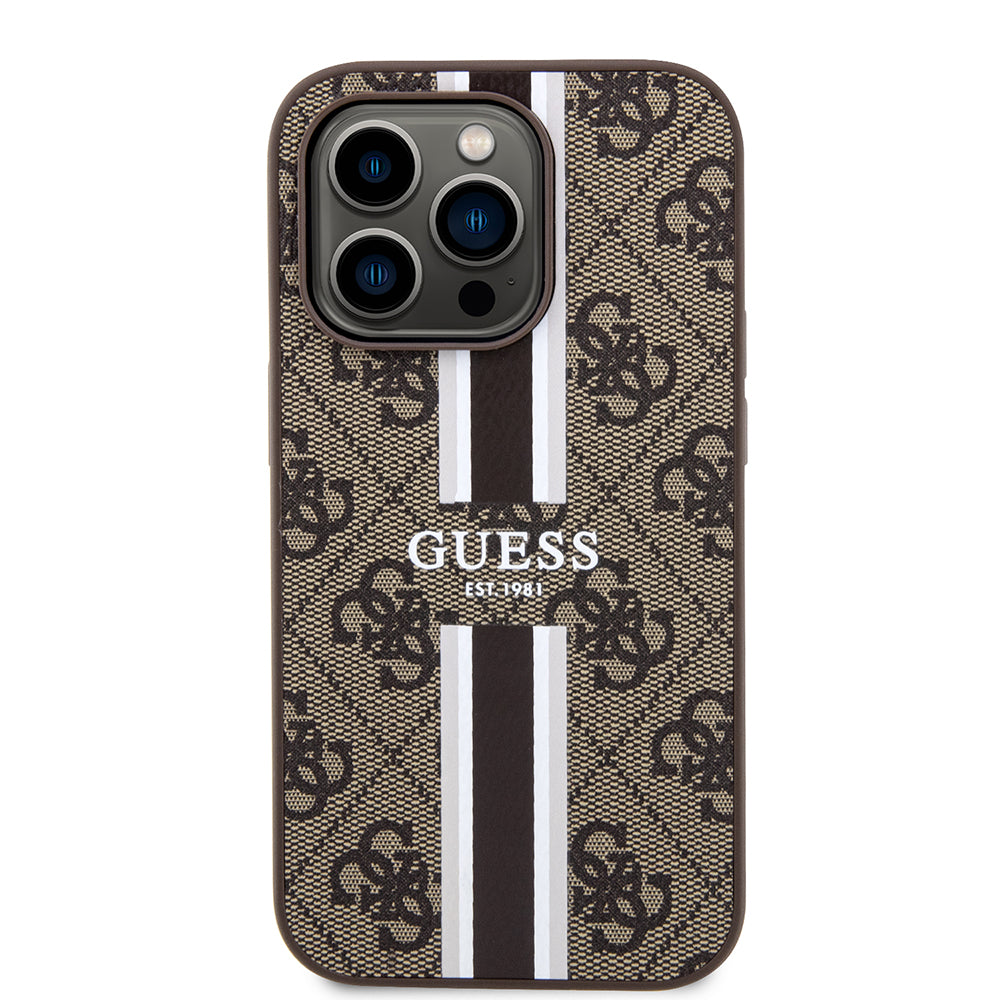 Husa de protectie Guess Hardcase 4G Printed Stripes MagSafe (GUHMP15LP4RPSW) compatibil cu iPhone 15 Pro, Maro