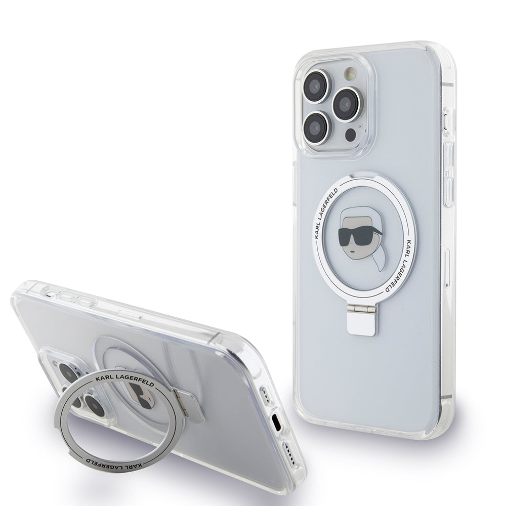 Husa de protectie Karl Lagerfeld Hardcase Ring Stand MagSafe (KLHMP15XHMRSKHH) compatibil cu iPhone 15 Pro Max, Alb Karl Head
