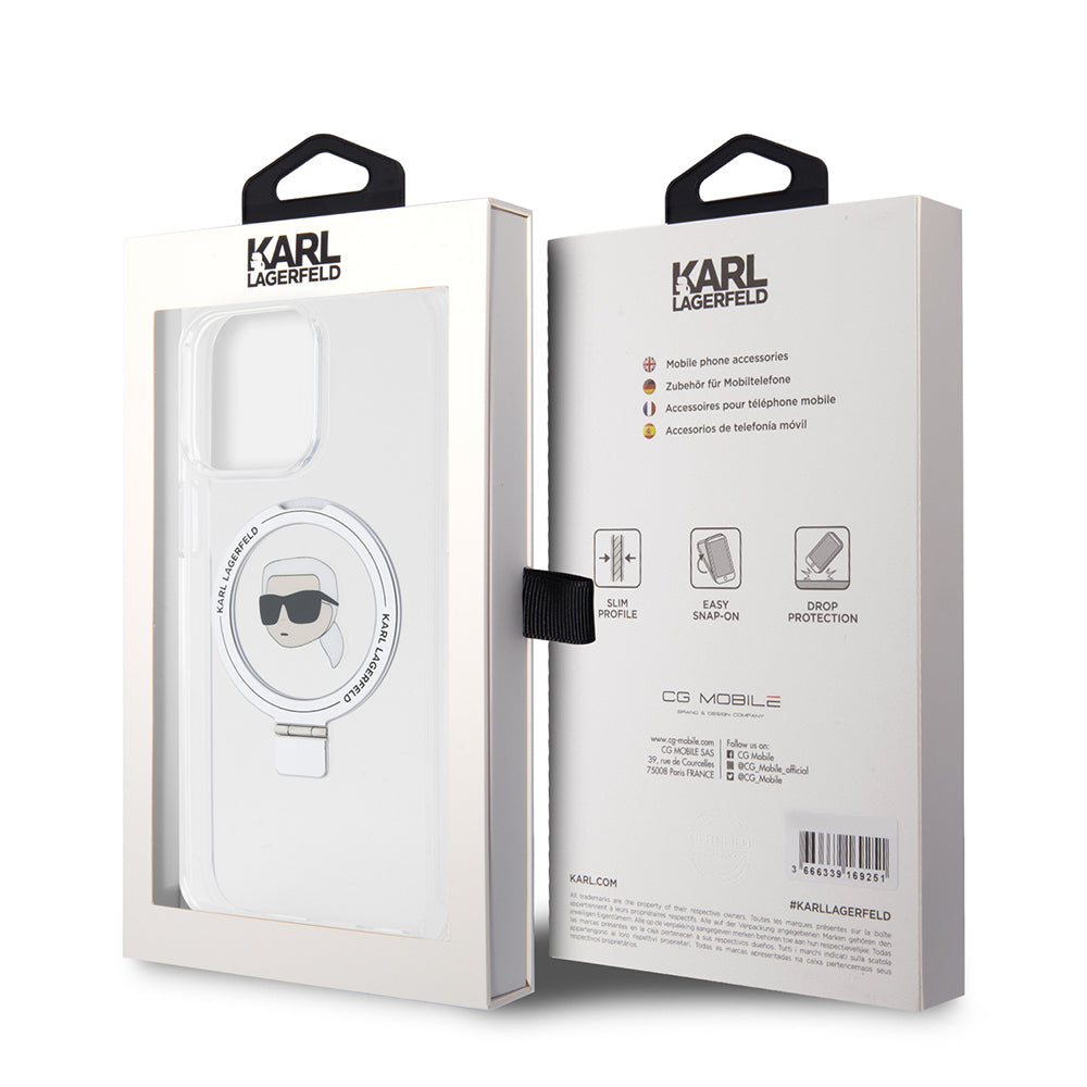 Husa de protectie Karl Lagerfeld Hardcase Ring Stand MagSafe (KLHMP15XHMRSKHH) compatibil cu iPhone 15 Pro Max, Alb Karl Head