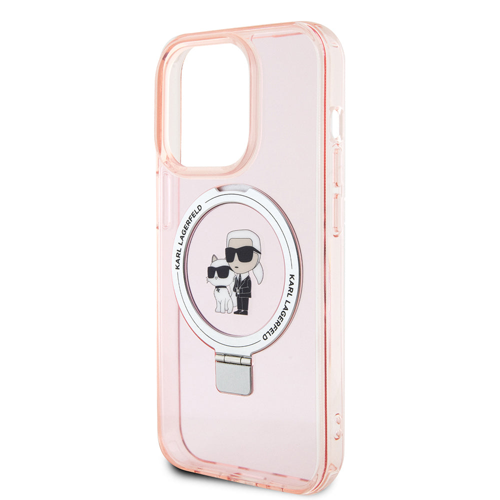 Husa de protectie Karl Lagerfeld Hardcase Ring Stand MagSafe (KLHMP15XHMRSKCP) compatibil cu iPhone 15 Pro Max, Roz Karl&Choupette