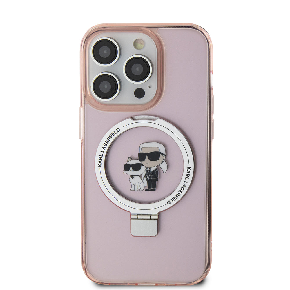 Husa de protectie Karl Lagerfeld Hardcase Ring Stand MagSafe (KLHMP15XHMRSKCP) compatibil cu iPhone 15 Pro Max, Roz Karl&Choupette