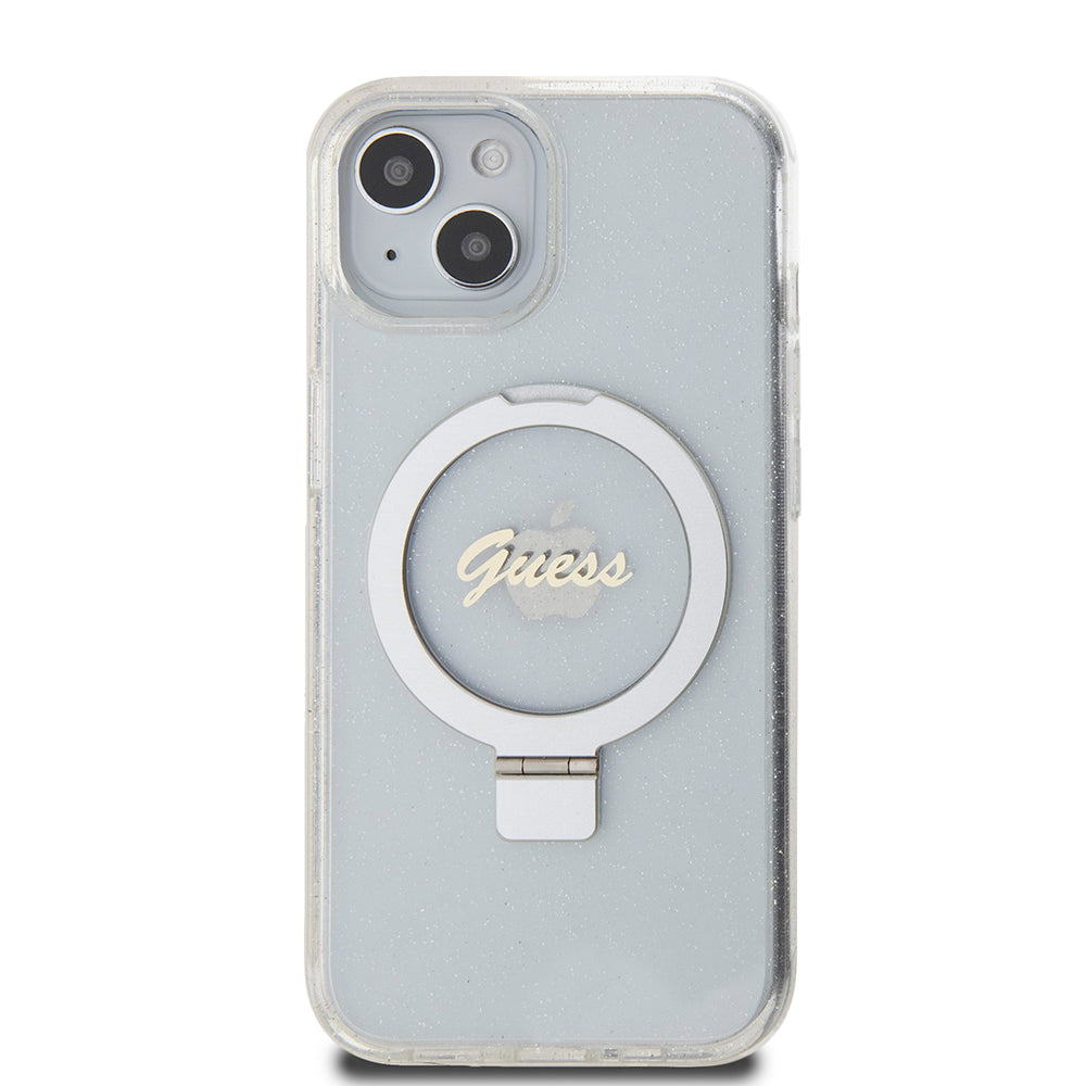 Husa de protectie Guess Ring Stand Script Glitter MagSafe (GUHMP15SHRSGSD) compatibil cu iPhone 15, Transparent