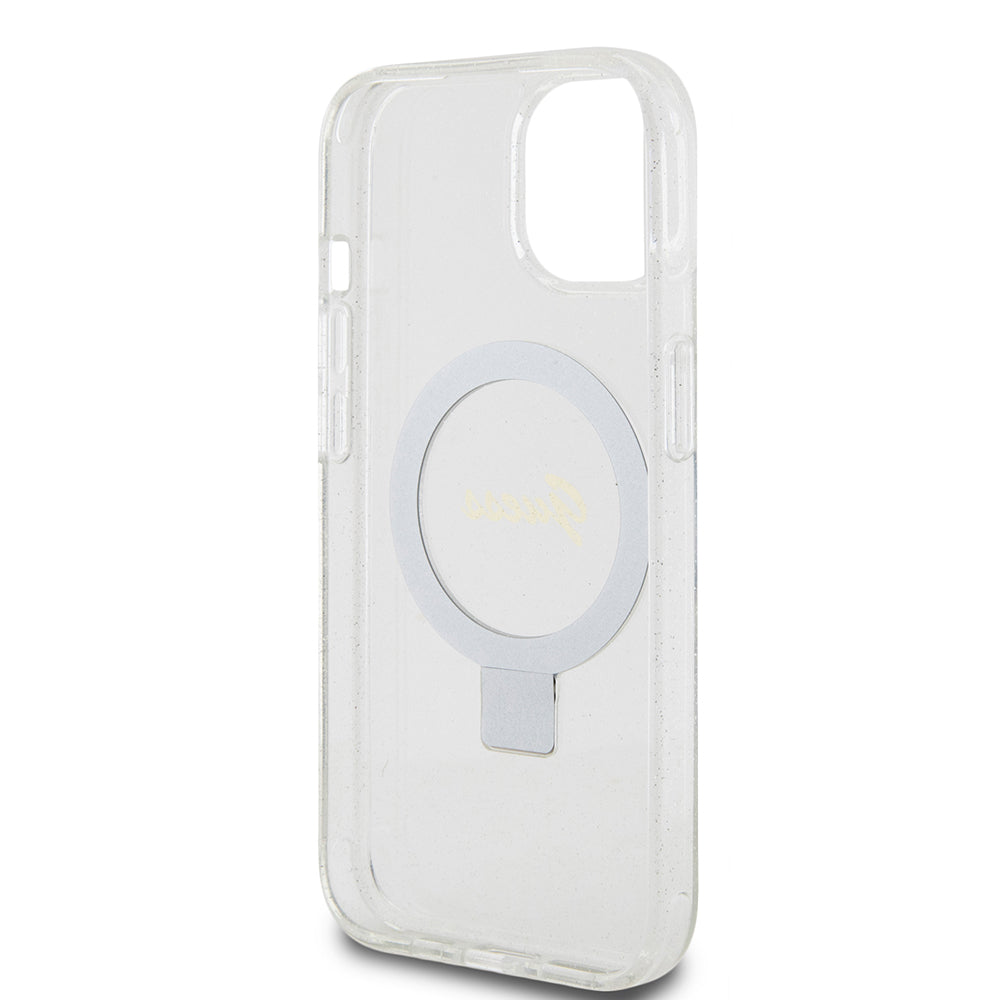 Husa de protectie Guess Ring Stand Script Glitter MagSafe (GUHMP15SHRSGSD) compatibil cu iPhone 15, Transparent