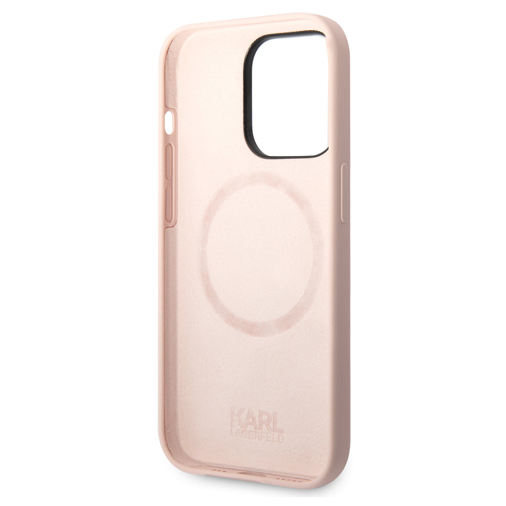 Husa de protectie Karl Lagerfeld Silicone MagSafe (KLHMP14LSLKHLP) compatibil cu iPhone 14 Pro, Roz Deschis Karl`S Head
