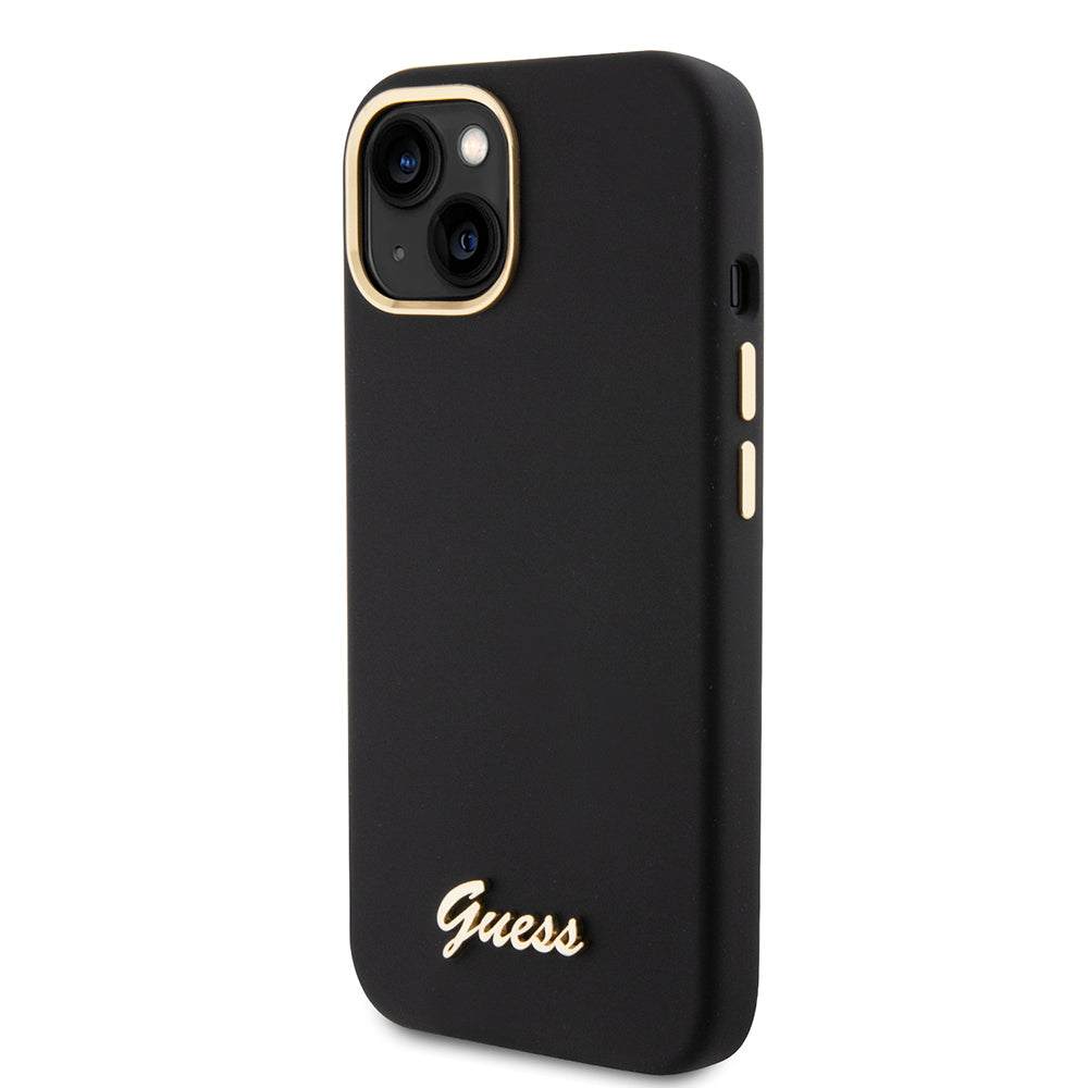 Husa de protectie Guess Silicone Script Metal Logo & Frame (GUHCP15SSMBSLK) compatibil cu iPhone 15, Negru