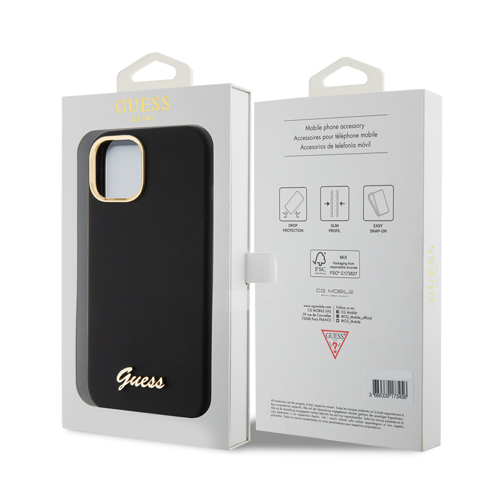 Husa de protectie Guess Silicone Script Metal Logo & Frame (GUHCP15SSMBSLK) compatibil cu iPhone 15, Negru