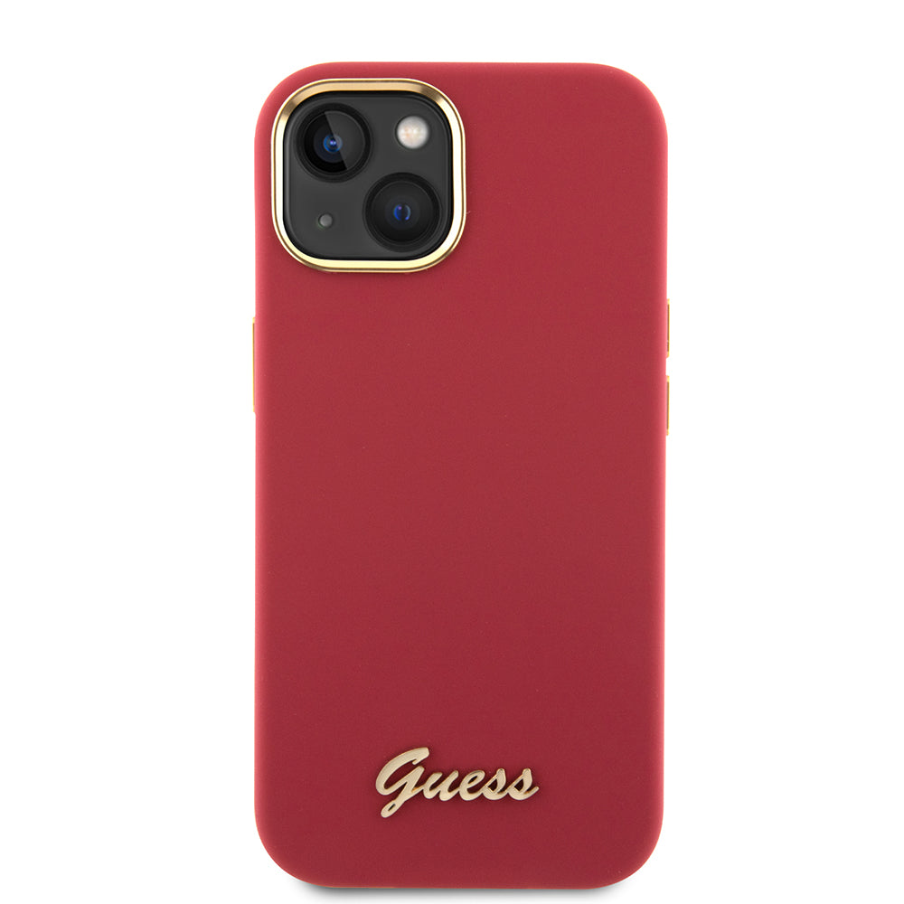 Husa de protectie Guess Silicone Script Metal Logo & Frame (GUHCP15SSMBSLM) compatibil cu iPhone 15, Rosu
