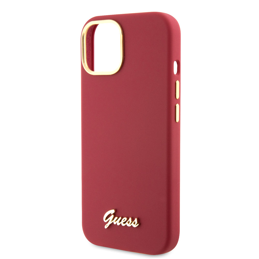 Husa de protectie Guess Silicone Script Metal Logo & Frame (GUHCP15SSMBSLM) compatibil cu iPhone 15, Rosu