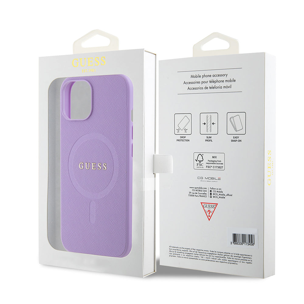 Husa de protectie Guess Saffiano MagSafe (GUHMP15SPSAHMCU) compatibil cu iPhone 15, Mov