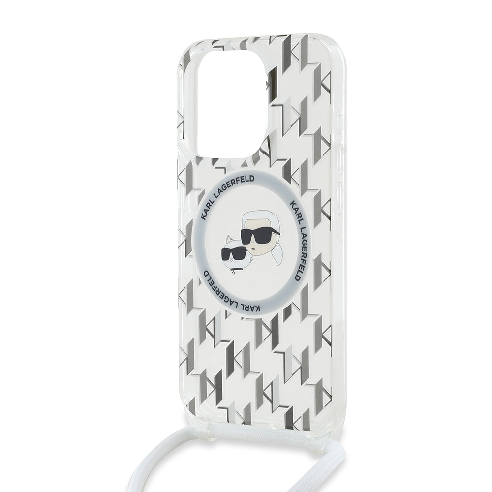 Husa de protectie Karl Lagerfeld IML Crossbody MagSafe (KLHMP15XHCKCKLCT) compatibil cu iPhone 15 Pro Max, Transparent Monogram Karl&Choupette Head
