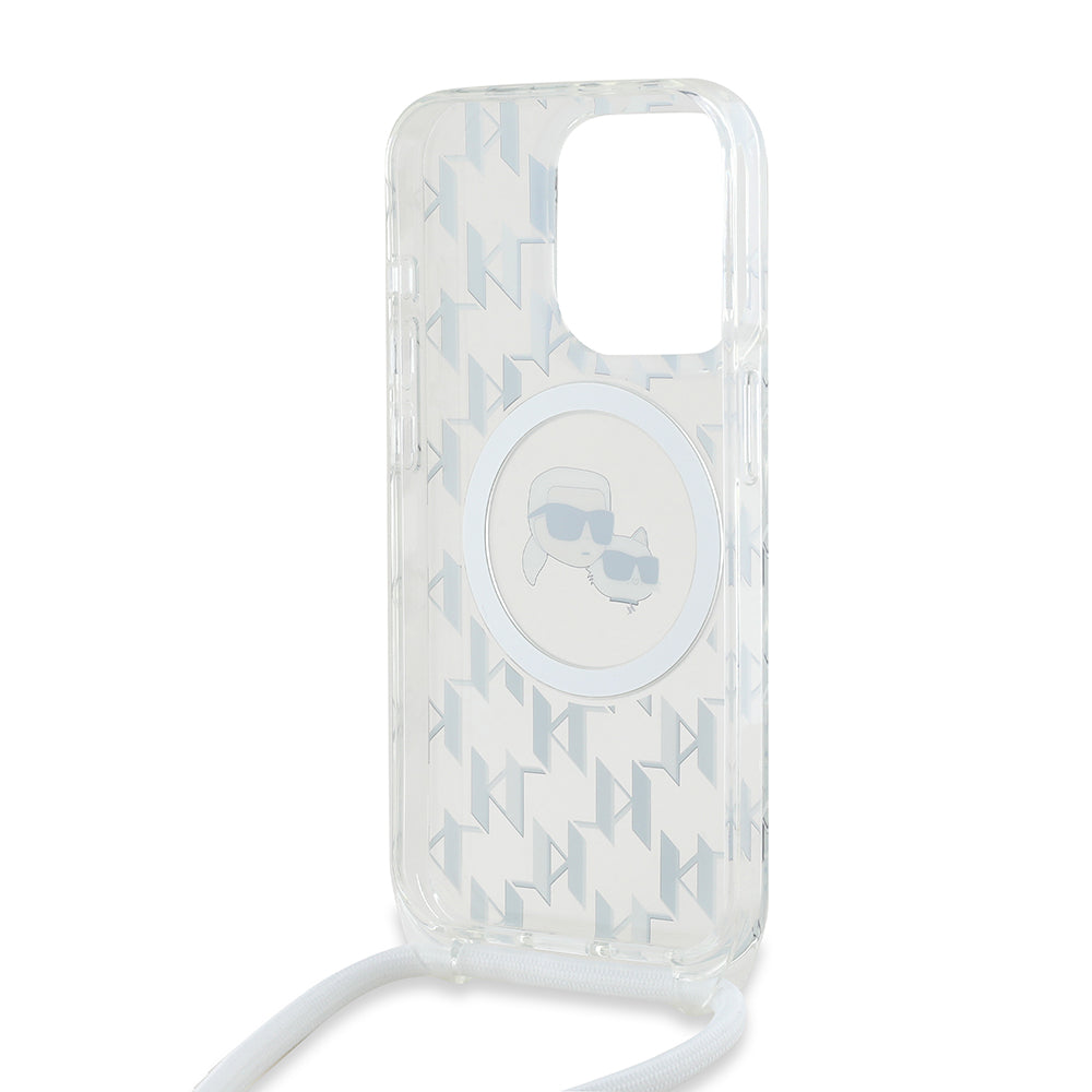 Husa de protectie Karl Lagerfeld IML Crossbody MagSafe (KLHMP15XHCKCKLCT) compatibil cu iPhone 15 Pro Max, Transparent Monogram Karl&Choupette Head