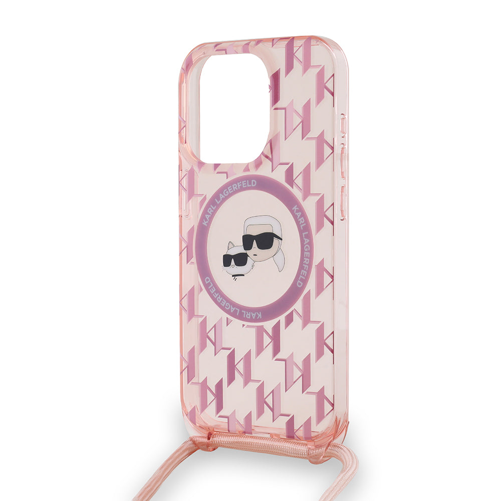 Husa de protectie Karl Lagerfeld IML Crossbody MagSafe (KLHMP15XHCKCKLCP) compatibil cu iPhone 15 Pro Max, Roz Monogram Karl&Choupette Head
