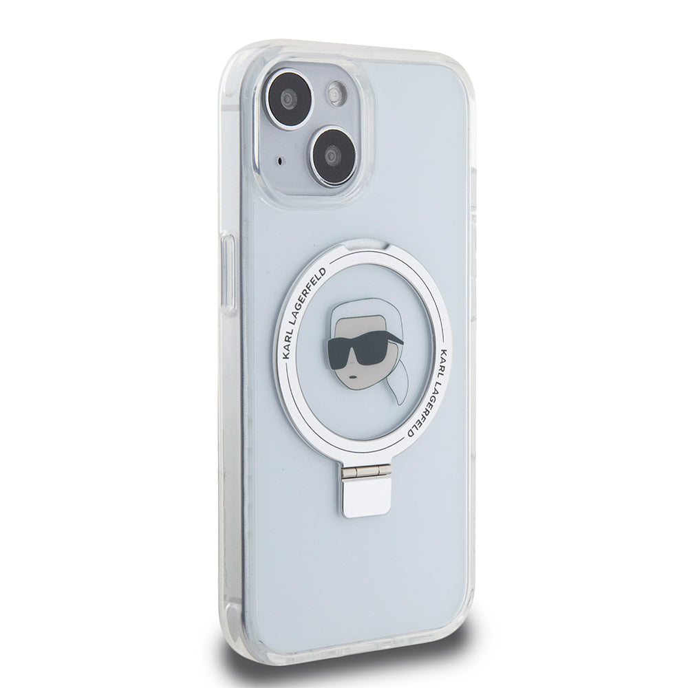 Husa de protectie Karl Lagerfeld Hardcase Ring Stand MagSafe (KLHMP15SHMRSKHH) compatibil cu iPhone 15, Alb Karl Head
