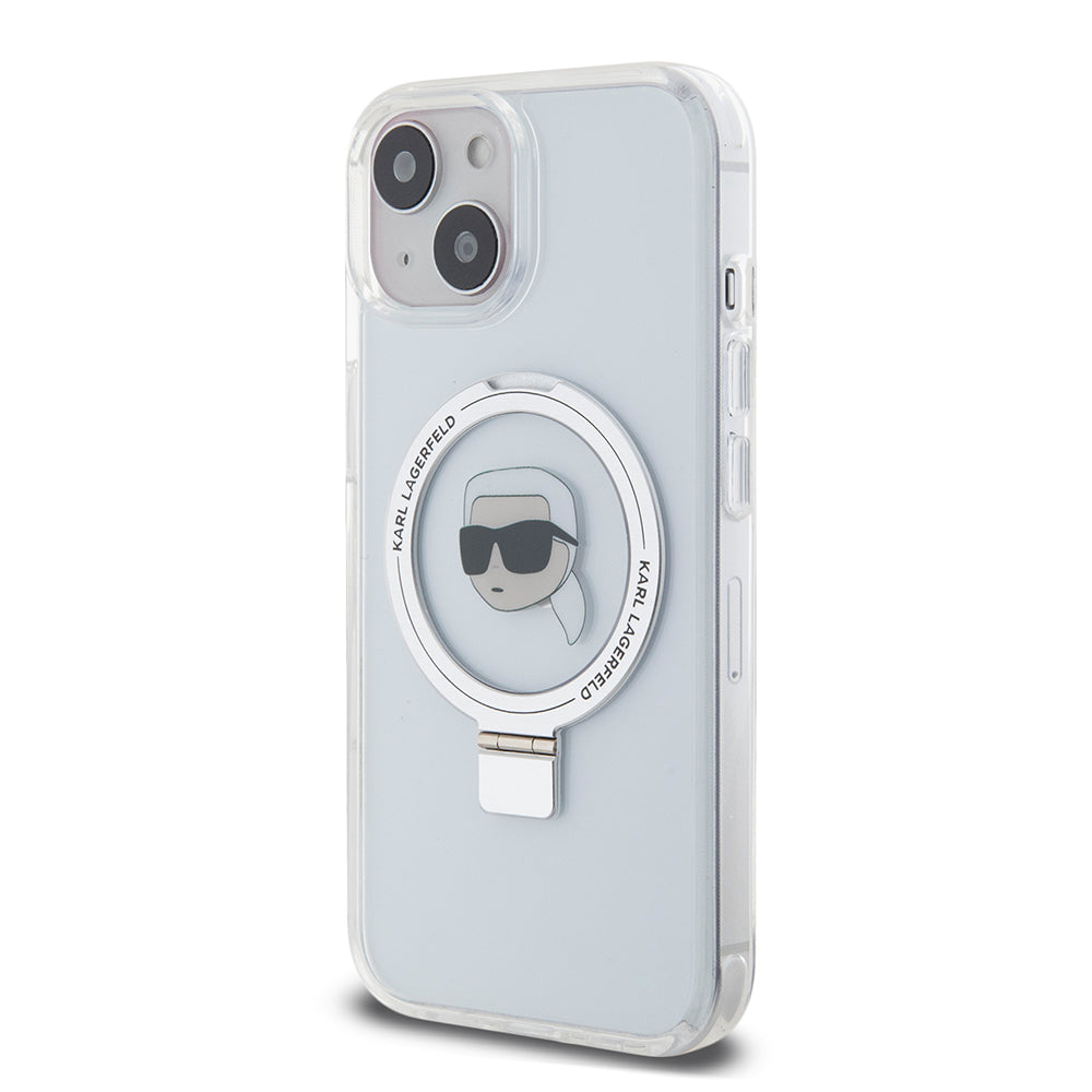 Husa de protectie Karl Lagerfeld Hardcase Ring Stand MagSafe (KLHMP15SHMRSKHH) compatibil cu iPhone 15, Alb Karl Head