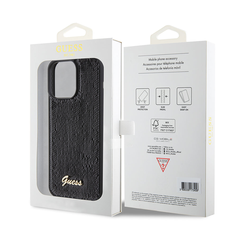 Husa de protectie Guess Sequin Script Metal (GUHCP15XPSFDGSK) compatibil cu iPhone 15 Pro Max, Negru