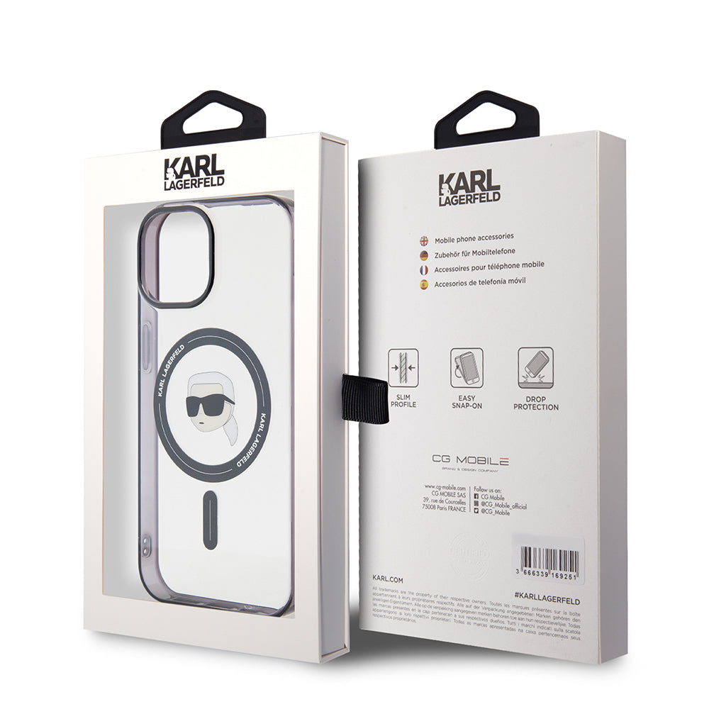 Husa de protectie Karl Lagerfeld IML MagSafe (KLHMP15SHKHNOTK) compatibil cu iPhone 15, Transparent Karl`S Head