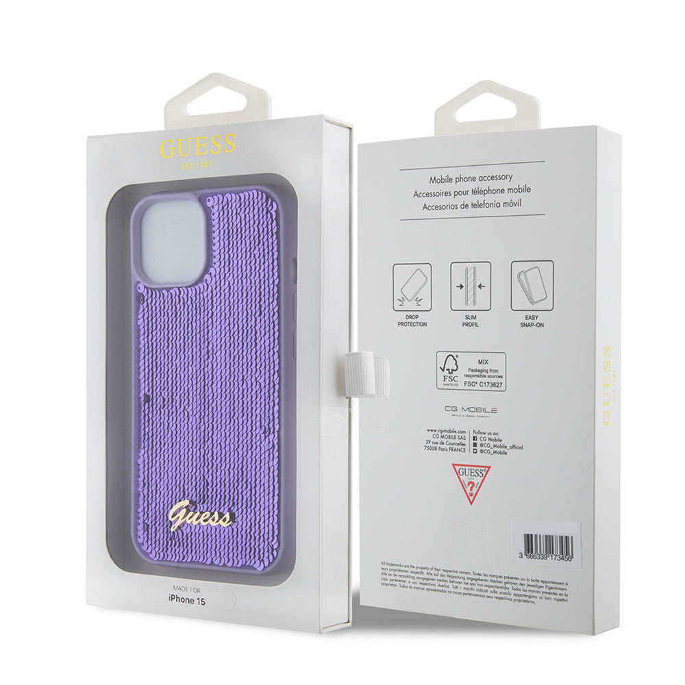 Husa de protectie Guess Sequin Script Metal (GUHCP15SPSFDGSU) compatibil cu iPhone 15, Mov