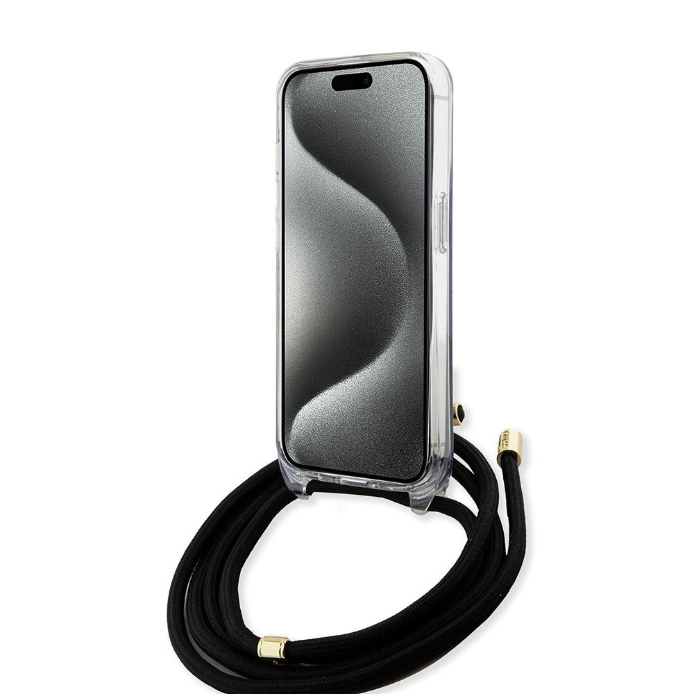 Husa de protectie Guess Crossbody Cord 4G Print (GUHCP15SHC4SEK) compatibil cu iPhone 15, Negru
