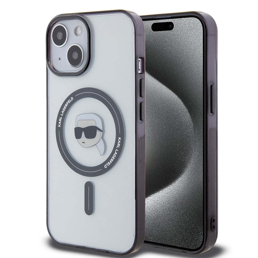 Husa de protectie Karl Lagerfeld IML MagSafe (KLHMP15MHKHNOTK) compatibil cu iPhone 15 Plus, Transparent Karl`S Head