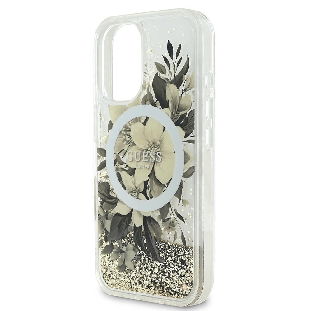 Husa de protectie Guess Liquid Glitter Flower MagSafe (GUHMP16SLFMWTE) compatibil cu iPhone 16, Bej