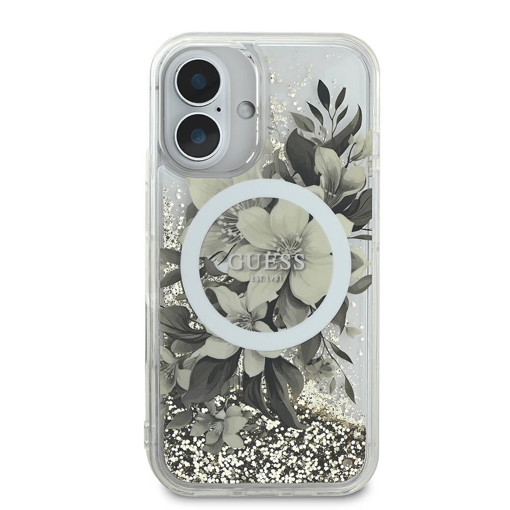 Husa de protectie Guess Liquid Glitter Flower MagSafe (GUHMP16SLFMWTE) compatibil cu iPhone 16, Bej
