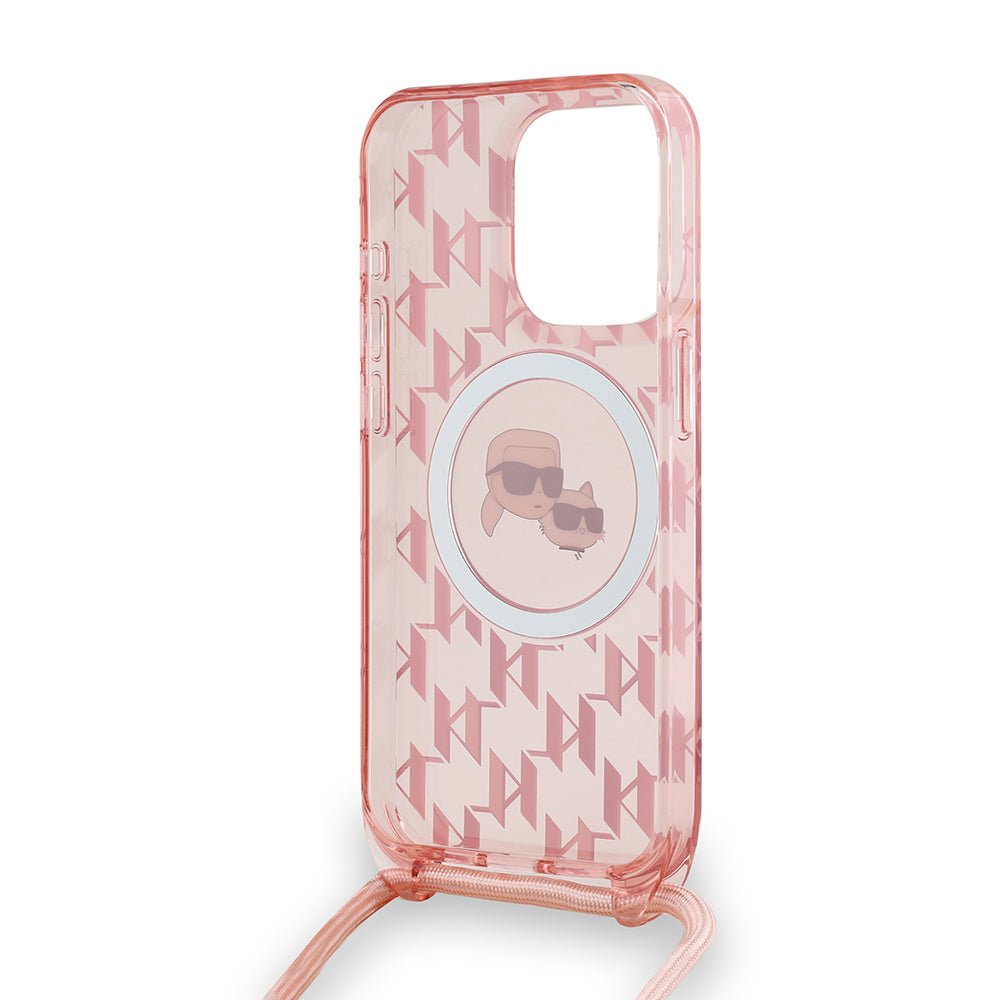 Husa de protectie Karl Lagerfeld IML Crossbody MagSafe (KLHMP15LHCKCKLCP) compatibil cu iPhone 15 Pro, Roz Monogram Karl&Choupette Head