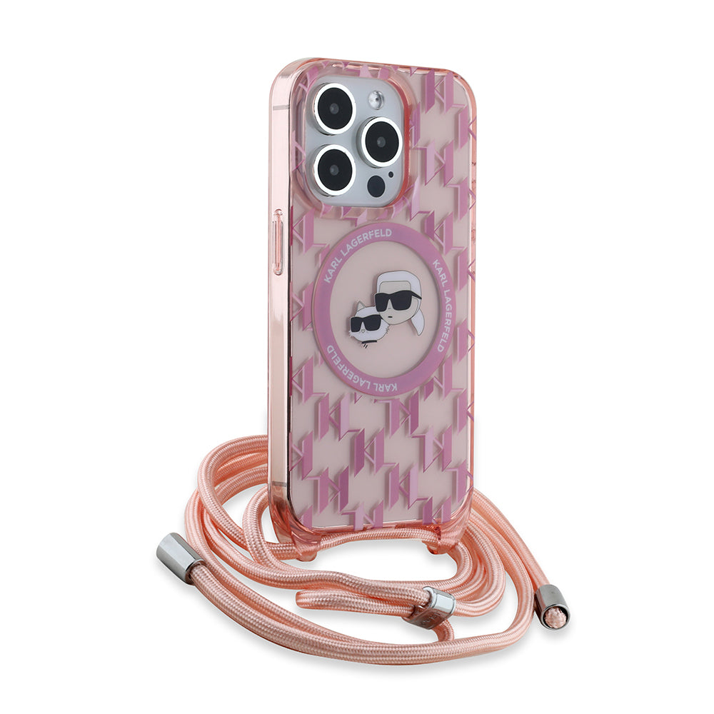 Husa de protectie Karl Lagerfeld IML Crossbody MagSafe (KLHMP15LHCKCKLCP) compatibil cu iPhone 15 Pro, Roz Monogram Karl&Choupette Head