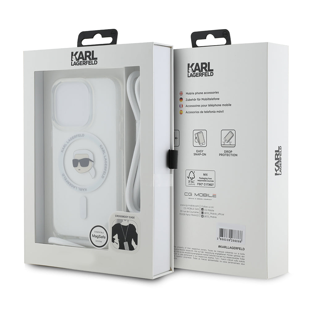Husa de protectie Karl Lagerfeld IML Crossbody MagSafe (KLHMP15LHCKHNT) compatibil cu iPhone 15 Pro, Transparent Karl Head