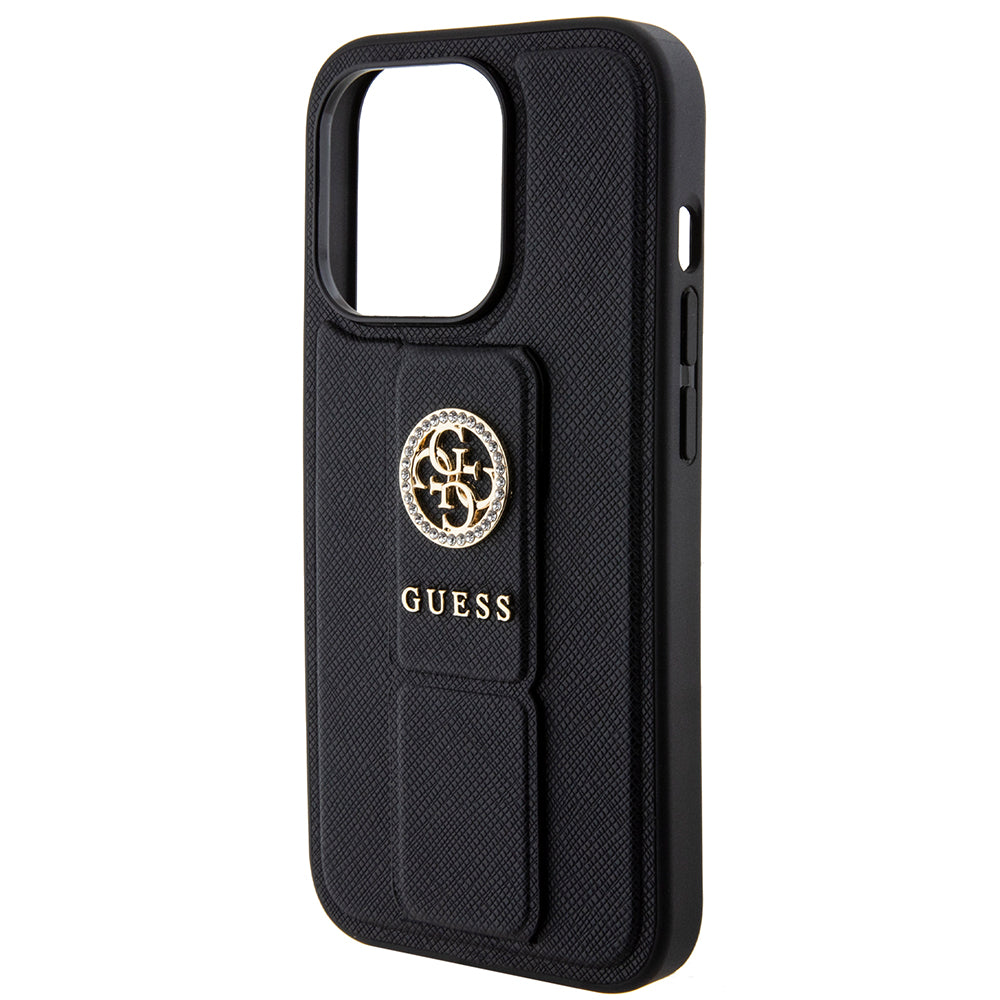 Husa de protectie Guess Grip Stand 4G Saffiano Strass compatibil cu iPhone 15 Pro Max (GUHCP15XPGSSADK), Negru