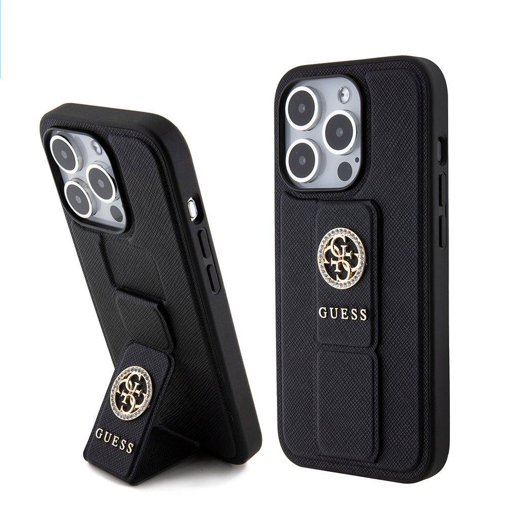 Husa de protectie Guess Grip Stand 4G Saffiano Strass compatibil cu iPhone 15 Pro Max (GUHCP15XPGSSADK), Negru